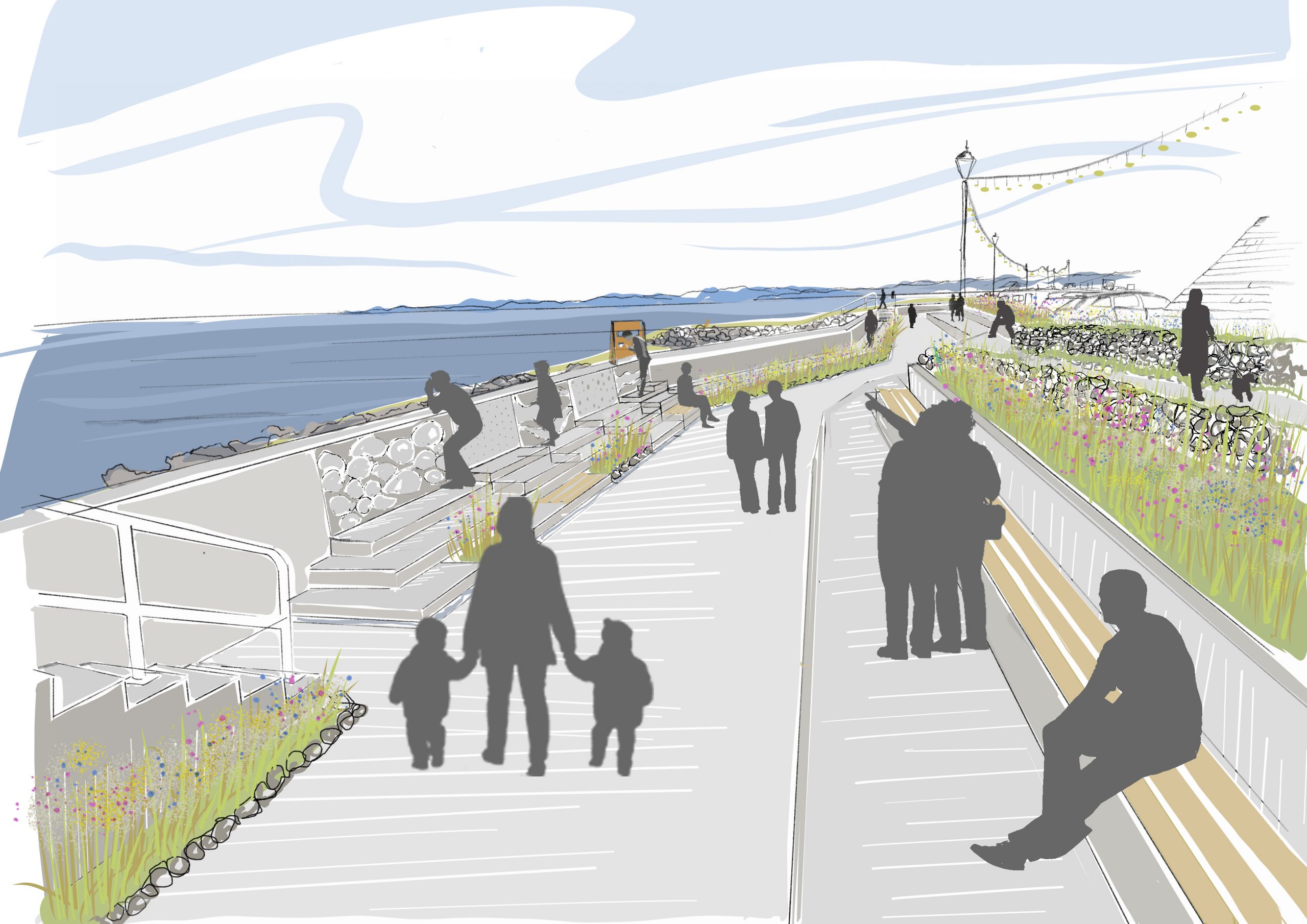 Illustration showing a seafront promenade being used by a variety of user, with green spae to the right and a lamp post in the background.