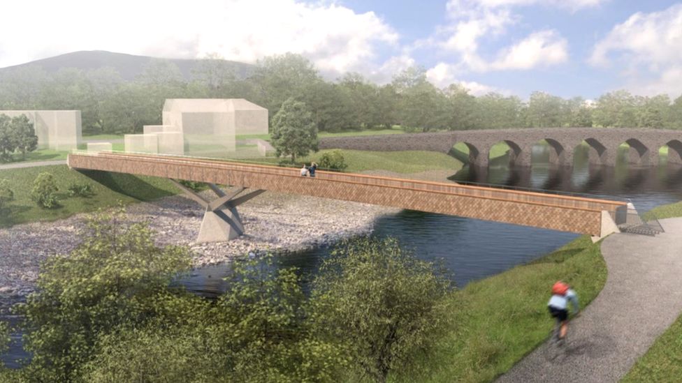 Graphic visualisation of a bridge across a river, with building, green space and a tree belt in the background.