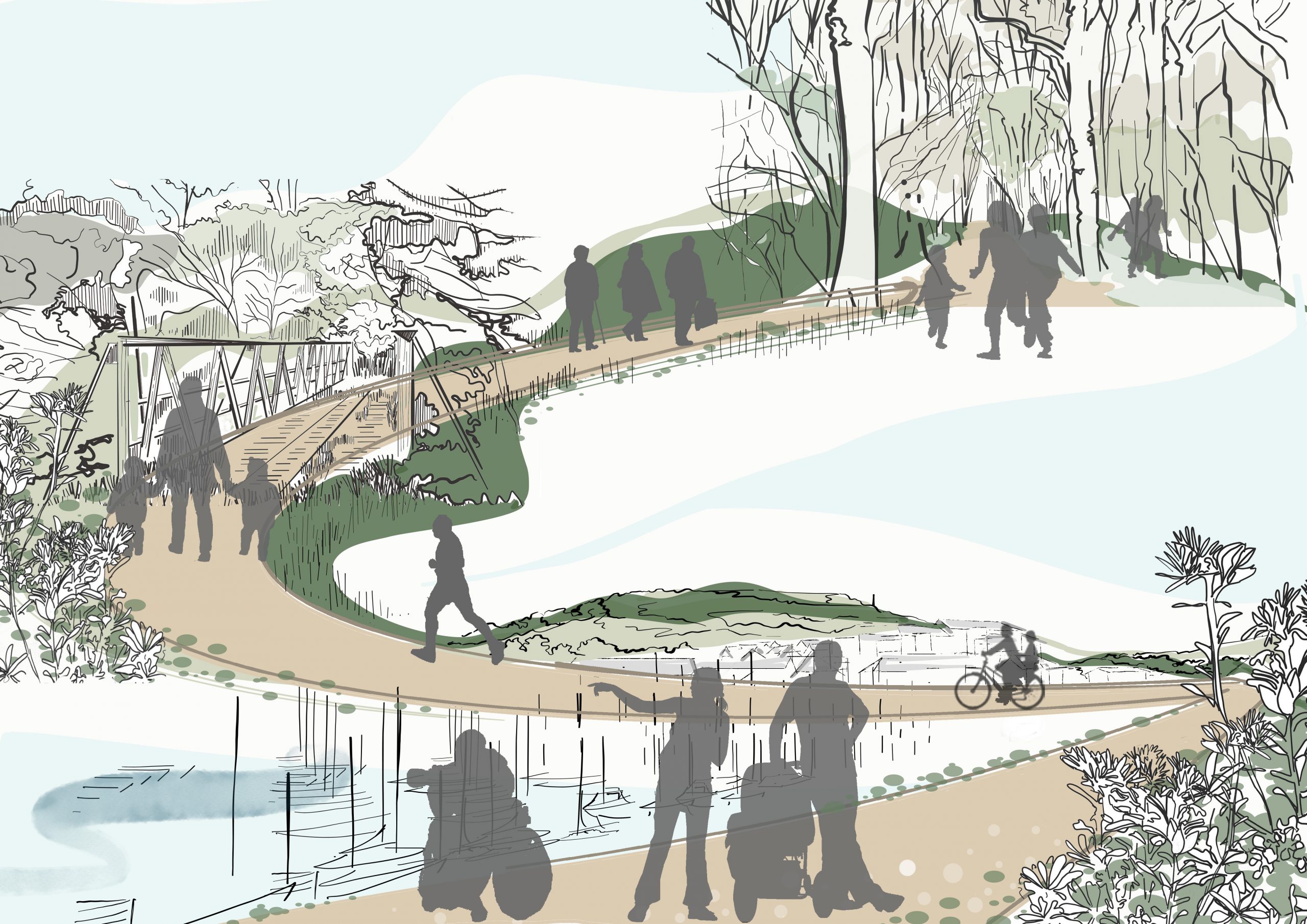 Illustration showing pathways, trees, water bodies and people using the nature trail to walk and run