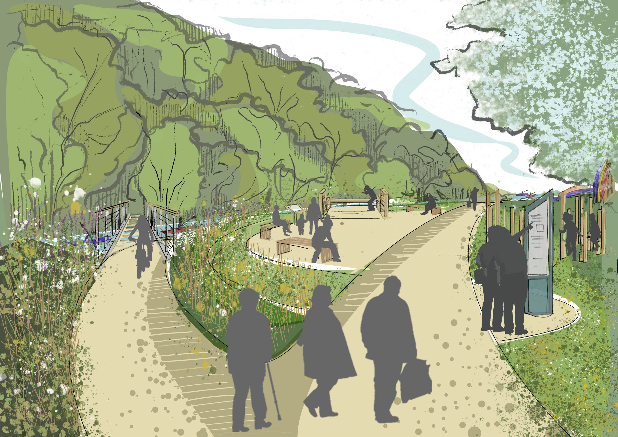 Illustration showing people walking down footpaths surrounded by trees and a river walkway