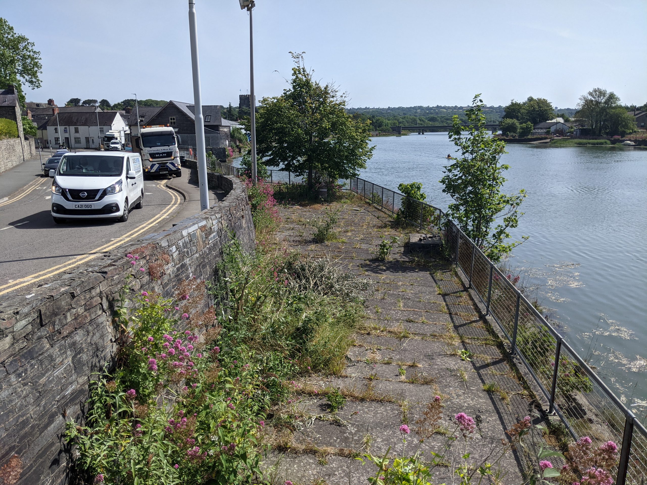 Overgrown public realm between river and road with a van on it.
